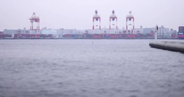Tokyo Bulutlu Günü 'nde konteynır iskelesinin yanındaki minyatür vinçler. Yüksek kalite 4K görüntü. Koto bölgesi Aomi Tokyo Japonya 05.20.2022 Burası Ooi Konteynır Rıhtımı. Bu onlardan biri.