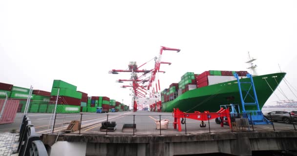 Industrial Cranes Large Ship Container Wharf Cloudy Day Wide Shot — 图库视频影像