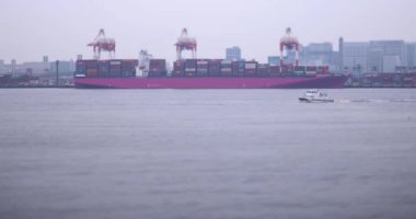 Tokyo Bulutlu Günü 'nde minyatür konteynır iskelesinin yanında bir yolcu gemisi. Yüksek kalite 4K görüntü. Koto bölgesi Aomi Tokyo Japonya 05.20.2022 Burası Ooi Konteynır Rıhtımı. Konteynırlardan biri.
