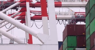 Tokyo 'daki rıhtımda endüstriyel vinç. Bulutlu bir gün. Yüksek kalite 4K görüntü. Koto bölgesi Aomi Tokyo Japonya 05.20.2022 Burası Aomi Konteynır Rıhtımı. İskeledeki konteynırlardan biri.