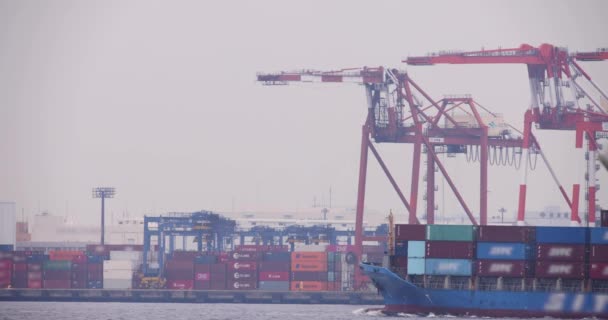 Moving Large Ship Container Wharf Tokyo Cloudy Day Long Shot — Vídeo de stock