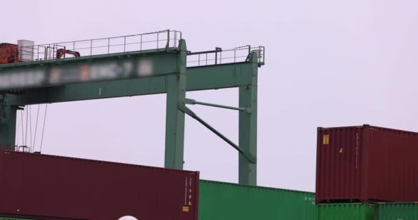 Industriële Kraan Container Tokyo Bewolkte Dag Lange Schot Hoge Kwaliteit — Stockvideo