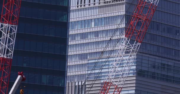 Moving Cranes Construction Daytime Long Shot High Quality Footage Minato — Αρχείο Βίντεο