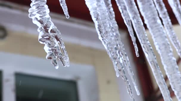Παγοκρύσταλλοι κρέμονται από μια στέγη χειμώνα ρωσική ημέρα — Αρχείο Βίντεο