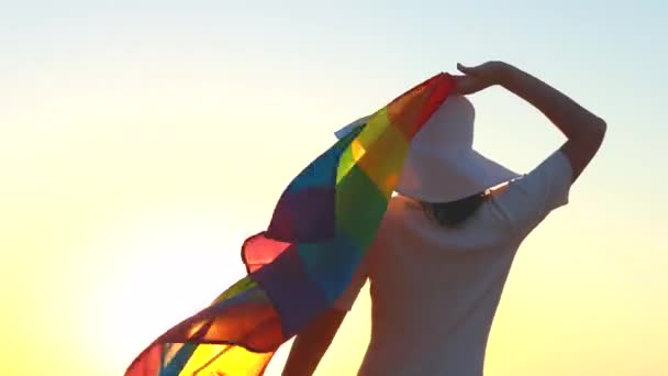 Вид ззаду на жінку в білій сукні і капелюсі, що тримає прапор гомосексуальної гордості на заході сонця на пляжі — стокове відео
