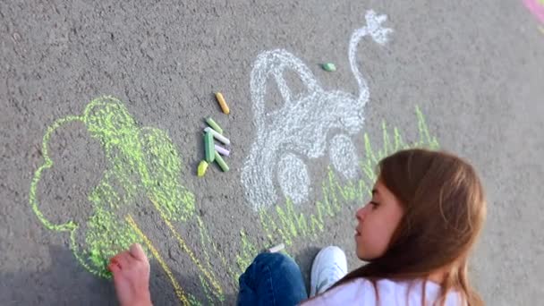 Bambina con hobby creativo artigianale disegno electro sull'asfalto con ambiente auto gesso, eco-friendly, risparmiare energia nel parco durante la giornata estiva — Video Stock