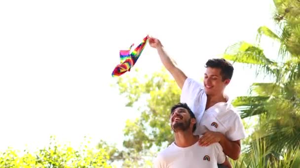 Gay casal juntos passando momentos de felicidade acenando bandeira no verde parque — Vídeo de Stock
