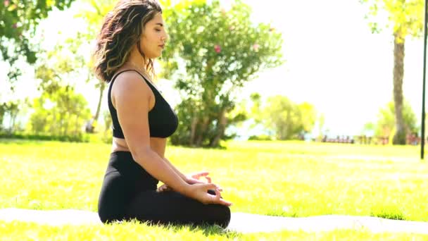 Mulher harmoniosa fazendo aula de ioga em fundo verde perto da praia — Vídeo de Stock