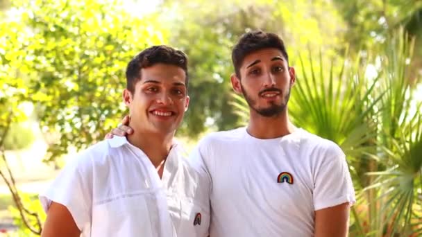 Szczęśliwy gej para spędzając czas razem w słoneczny dzień w zielony park — Wideo stockowe
