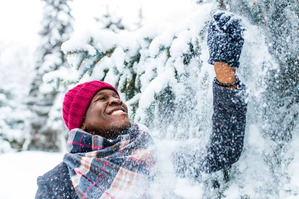 Afrykański Amerykanin w śnieżnym lesie zimowym z płatkami śniegu spadającymi ze świerku i jodły — Zdjęcie stockowe