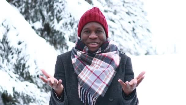 African american handsom man in red hat and stylish plaid coat look at camera with toothy snow- white smile and talking outdoor in park — Stock Video