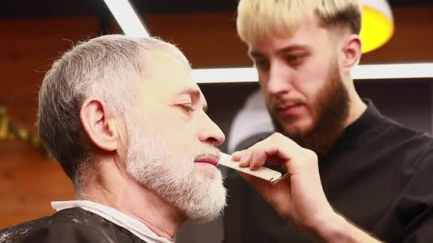 Senior handsome man visiting hairstylist in modern barber shop — Stock Video