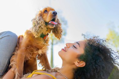 Makyajlı, kıvırcık saçlı, çok kültürlü bir kadın. Güneşli bir günde altın renkli Amerikan Cocker köpeğiyle mutlu zamanlar geçiriyor.