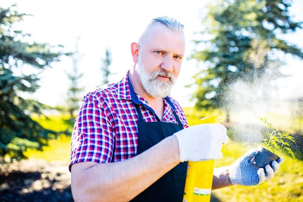 Baharda bahçede beyaz saçlı ve sakallı adam