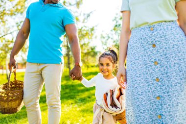 Latin baba ve Avrupalı anne güneşli bir günde piknikte sevimli bir çocukla .