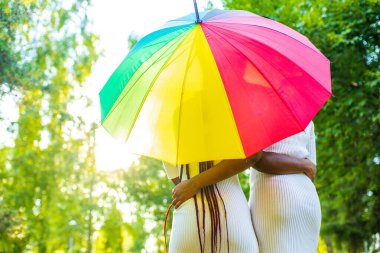 Afro-Amerikan çifti. Yaz parkında iki güzel kadın. .