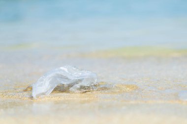 Kumsalda kumun üzerinde polietilen çanta, kirlilik sorunu .