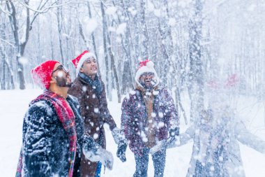 Dört mutlu arkadaş eğleniyor ve kar atıyorlar..