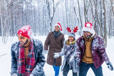 Dört mutlu arkadaş eğleniyor ve kar atıyorlar..