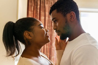 Genç mutlu melez çift zamanlarını mutfakta geçiriyor..