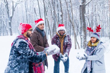 Dört mutlu arkadaş eğleniyor ve kar atıyorlar..