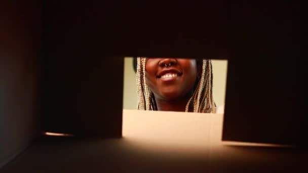 Mujer Afroamericana Feliz Mirando Dentro Caja Sorprendido Linda Mascota — Vídeos de Stock