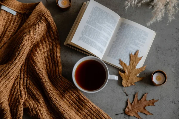 Kasım ruh hali konsepti. Kahverengi örgü süveter, açık kitap, büyük bardak çay ve kanepede çikolatalı kurabiyeler. Sonbahar sezonunda evde kalmak için sembolik nesneler. Kapat, kopyala boşluk, arkaplan
