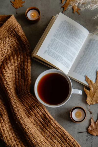 November Mood Concept Brown Knitted Sweater Open Book Big Cup — Stock Photo, Image