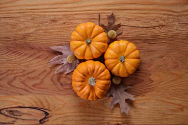 Şükran Günü konsepti. Yerel halk balkabağı ve sonbahar yaprakları üretiyor ve ahşap desenli masa üzerindeki diğer süslemelerle birlikte. Kapat, metin için boşluk kopyala, üst görünüm, düz uzanma.