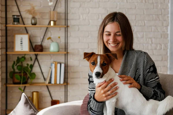 Kanepede sevimli Jack Russell Terrier köpeği ile oynayan genç ve güzel hippi kadının portresi. Köpeğiyle eğlenen bir kız. Arkaplan, kapat, boşluğu kopyala