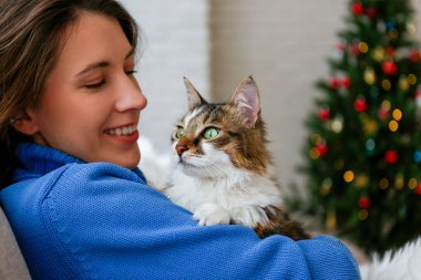 Güzel Sibirya uzun saçlı kedisi ve bulanık dekorlu Noel ağacının üzerindeki sahibi. Evdeki sevgili evcil hayvan portresi ve çam ağacının bokeh efektli ışıkları. Kapat, boşluğu kopyala.