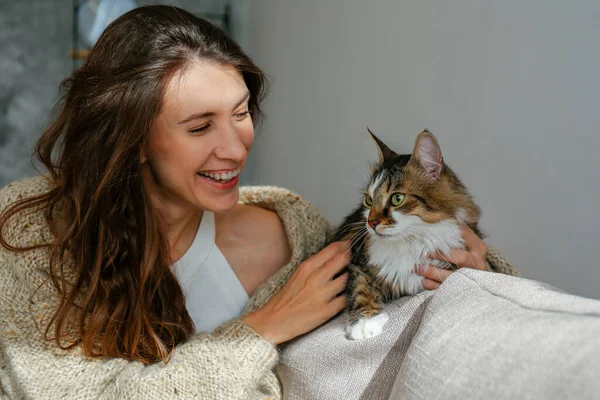 귀여운 시베리안 고양이를 여성의 암컷이 귀엽고 고양이를 껴안고 있습니다 스러운 — 스톡 사진
