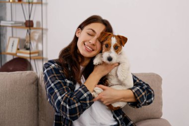 Sevimli dört aylık tel saçlı yavru köpeğiyle oynayan güzel bir kadının portresi. Sert kaplamalı sevimli kız eğleniyor. Arkaplan, kapat, boşluğu kopyala.