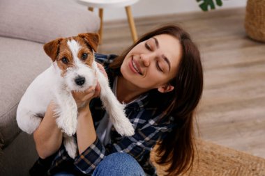 Sevimli dört aylık tel saçlı yavru köpeğiyle oynayan güzel bir kadının portresi. Sert kaplamalı sevimli kız eğleniyor. Arkaplan, kapat, boşluğu kopyala.