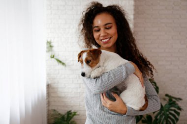 Portrait of young beautiful black woman with her adorable wire haired Jack Russel terrier puppy at home. Loving girl with rough coated pup having fun. Background, close up, copy space.