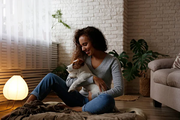 年轻美丽的黑人女人的画像 她带着可爱的铁丝 在家里养着杰克 罗素的小狗 可爱的女孩 毛茸茸的小狗玩得很开心 复制空间 — 图库照片