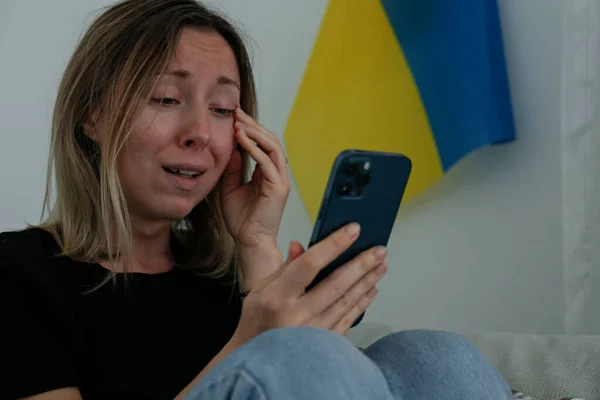 Young Anxious Woman Cried Out Eyes Reading News Ukraine Her — Stock Photo, Image