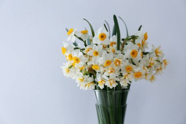 Masadaki cam vazoda bir buket beyaz nergis, doğal güneş ışığı. Narcissus çiçekleri, görünür taç yaprağı dokusuyla çok az yakın kompozisyonda. Arkaplan, boşluk üst görünümünü kopyala.