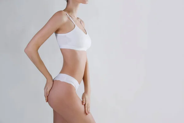 Close Shot Unrecognizable Fit Woman Lingerie Showing Smooth Skin Her — Foto de Stock