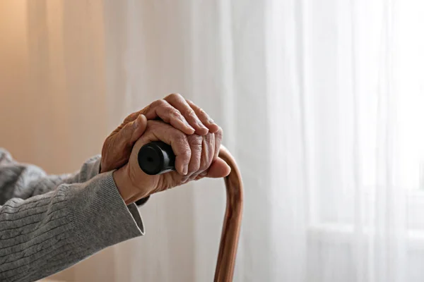 Macro Shot Elderly Woman Hands Holding Wooden Handle Metal Walking — Fotografia de Stock