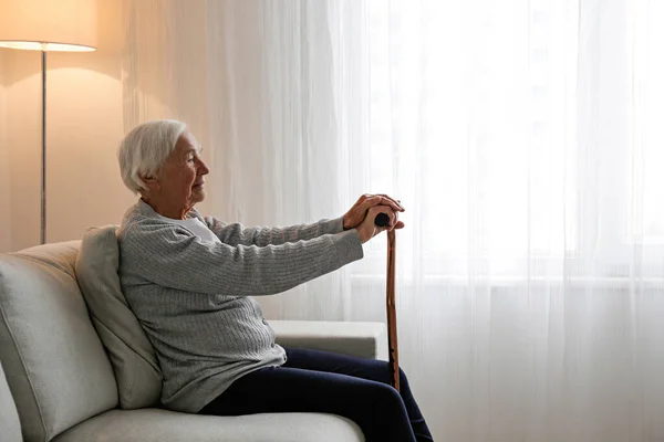 Portrait Senior Female Sitting Couch Home Leaning Cane Elderly Woman — Fotografia de Stock