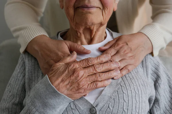 Unrecognizable Female Expressing Care Elderly Lady Hugging Her Holding Hands — Fotografia de Stock