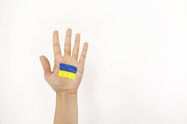 Üzerinde Ukrayna bayrağı olan bir dişinin avucunun yakın çekimi. Ukrayna 'yı desteklemek için bir el kaldırıldı. Metin ve arkaplan için boşluk kopyala.