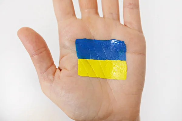 Feche Tiro Palma Mão Uma Fêmea Com Bandeira Nacional Ucraniana — Fotografia de Stock