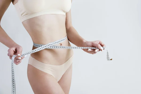 Unrecognizable Fit Woman Taking Her Body Measurements Centimeter Measuring Tape — Stock Photo, Image