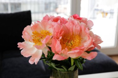 Cam sehpanın yakın çekimleri, arka plandaki pencerenin altında bir vazoda pembe şakayık çiçekleri ve mavi tekstil kanepesiyle. Uzayı kopyala, kapat, doğal ışık.