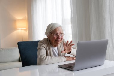 Gözlüklü yaşlı bir kadının portresi video görüşmesi yapıyor, dizüstü bilgisayara el sallıyor. Yaşlılar ve teknoloji konsepti. 80 'li yaşlarda bilgisayar kullanan bir kadın. Kapat, kopyala boşluk, arkaplan.