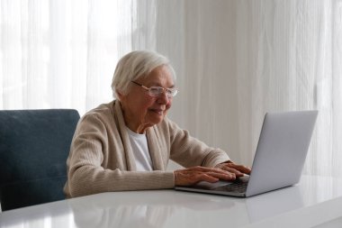 Laptop kullanmayı öğrenen yaşlı bir kadının portresi. Yaşlı yetişkin kadın internet hakkında öğreniyor. Kıdemli eğitim. Dijital sağlık teknolojisi kavramı. Kapat, kopyala boşluk, arkaplan.