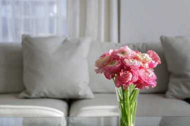 Ön planda vazoda iki renkli ranunculus çiçekleri ve arka planda gri tekstil kanepe olan cam sehpanın yakın çekimi. Uzayı kopyala, kapat, doğal ışık.