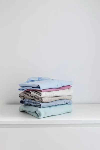 Stack Perfectly Folded Clothing Items Pile Different Cold Color Shirts — Stok fotoğraf